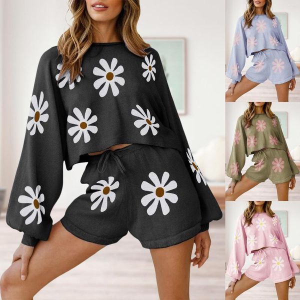 Calças femininas soltas ajuste puff manga manga comprida top shorts camisa feminina curto padrão floral cintura elástica amarrar roupa de dormir