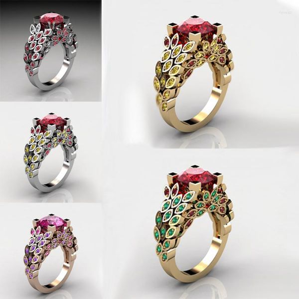 Cluster-Ringe HOYON 18 Karat Gelbgold Farbe Damenschmuck Kreativer eingelegter Rubin-Diamant-Blattring mit Mikroverkrustung