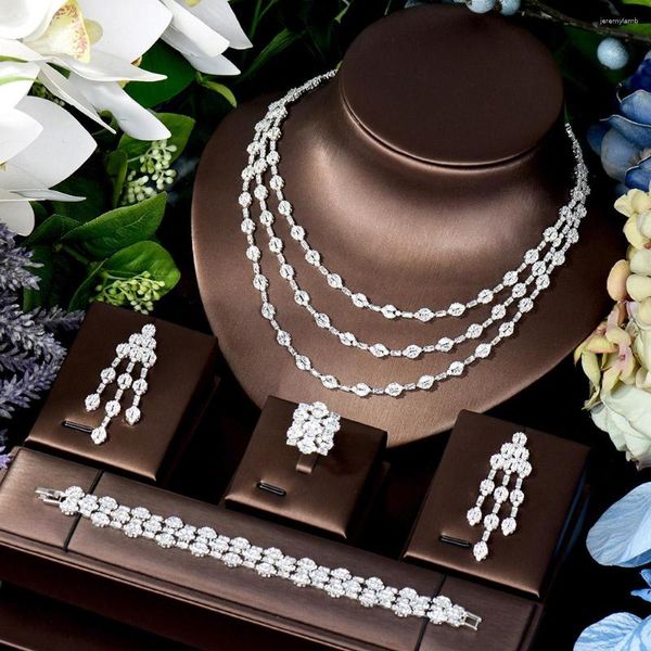 Halskette Ohrringe Set HIBRIDE Luxus 4PCS Braut Zirkonia Voll Für Frauen Party Dubai Nigeria CZ Kristall Hochzeit Schmuck Zubehör N-283