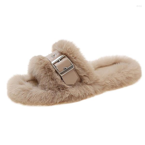 Terlik kışlık kadın platform düşük topuk kabarık terlik moda toka kemeri yapay peluş içinde yumuşak slaytlar ayakkabı