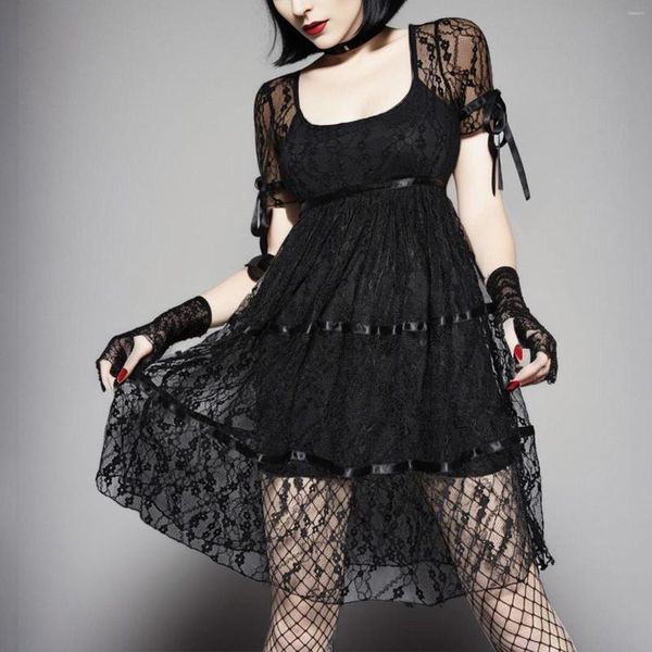 Vestidos casuais y2k estética goth laço gótico drak preto mulheres sexy grunge ver através da manga puff a-line mini vestido partywear
