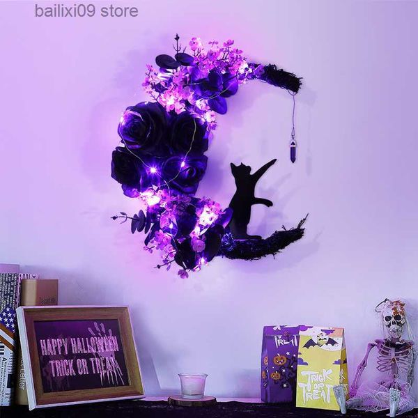 Dekorative Blumenkränze, Halloween-Kranz mit LED-Licht, künstlicher Fledermaus-Krähe-Katze-Mond-Kranz für Haustür, Fenster, Wand, Zuhause, Party, Halloween-Dekoration, T230927