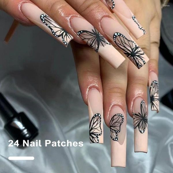 YANLIŞ NAIL TAZA YAPILIK ÇİŞLENLİK GÜZELLİK 24 PCS Uzun Siyah Kelebek Baskı Pres-On Kadınlar için Tutkallı Kız Salon