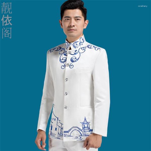 Ternos masculinos blazer homens vestido formal mais recente casaco chinês túnica terno traje homme masculino casamento para coral branco