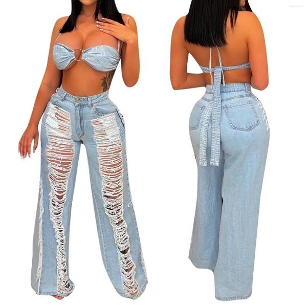 Kadınlar kot 2023 artı boyutu gündelik denim yırtık yıkama pantolon seti harajuku vintage y2k sokak kıyafeti pantalones de mujer