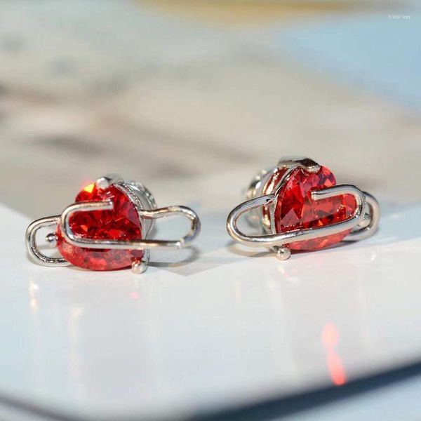 Brincos de parafuso prisioneiro 925 prata diamante incrustado clipe de papel em forma de coração vermelho para mulheres romântico high-end presente de noivado jóias