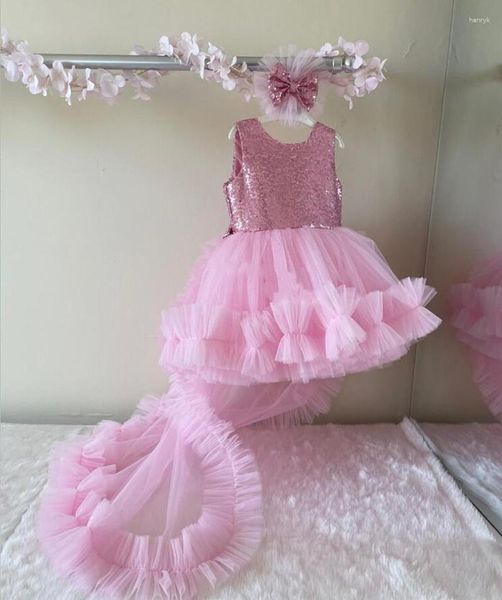 Mädchen-Kleider, flauschiges Tüll-Rosa-Baby-Kleid, O-Ausschnitt, Pailletten, Schleife, Blume, Kleinkind-Geburtstagsparty-Kleid mit abnehmbarer Schleppe