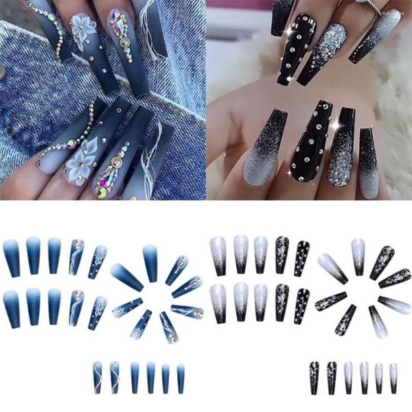 Yanlış Çiviler 24 PCS Uzun Balerin Fransız Kademeli Değişim Rhinestones Tam Kapak Çıkarılabilir Tırnak Uçları