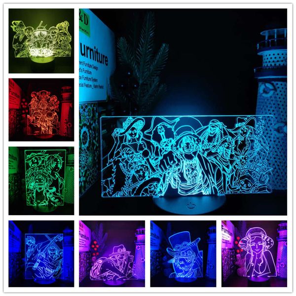 One Piece Rufy Nami Sanji Zoro Ace Chopper 3D Lampada LED Night Light Room Decor Illuminazione notturna Anime Lampara Decorazione Lampada da tavolo