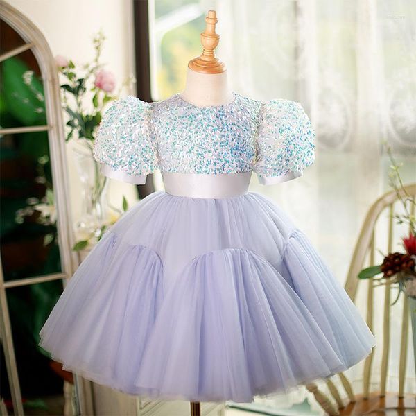 Mädchen Kleider Temperament Elegante Geburtstag Schlank Puff Hülse O-ansatz Ballkleid Prinzessin Vestidos Pailletten Mesh Tiered Blumen Mädchen Kleid