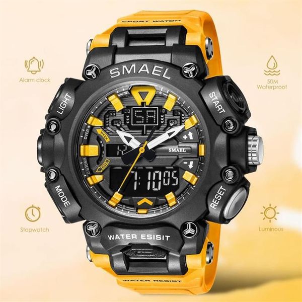 Наручные часы SMAEL Dual Time светодиодные цифровые часы для мужчин 50 м водонепроницаемые кварцевые часы с хронографом оранжевые военные спортивные электронные 261x