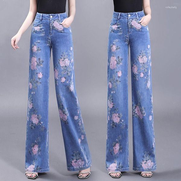 Jeans femininos de alta qualidade moda cintura lavada para mulher 2023 primavera/verão retro rosa impressão perna reta calças largas