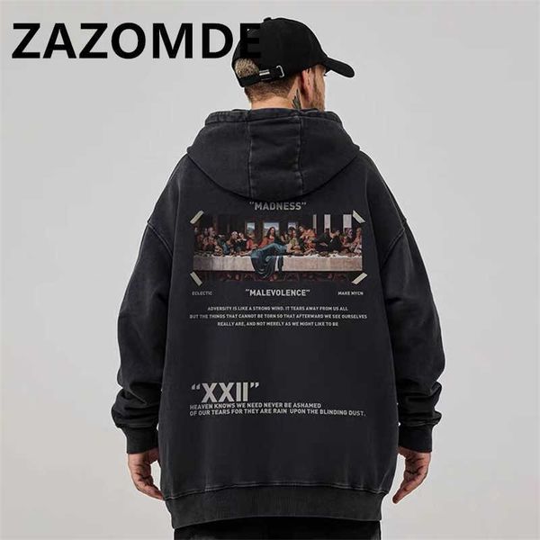 Sweats à capuche pour hommes Sweatshirts ZAZOMDE Automne Vintage Lavé Sweats à capuche pour hommes Sweat-shirt d'hiver Imprimer Sweat à capuche en coton Hip Hop Streetwear Surdimensionné Sweat à capuche ample Tops J230926