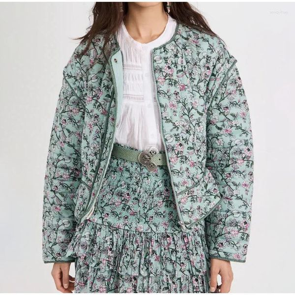 Casacos de trincheira femininos vintage mulher roupas o pescoço floral impresso quente algodão outerwears feminino outono inverno zíper grosso parkas 2023