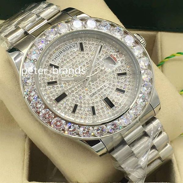 Lusso argento automatico uomo grande orologio con diamanti quadrante lunetta DAY-DATE uomo orologi 43 mm acciaio inossidabile luccicante quadrante con diamanti259d