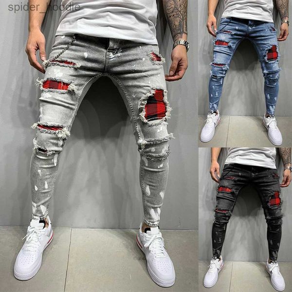 Calças de brim masculinas novo vintage streetwear painéis rasgados calças jeans casuais europeu e americano popular zíper jeans magros l230927