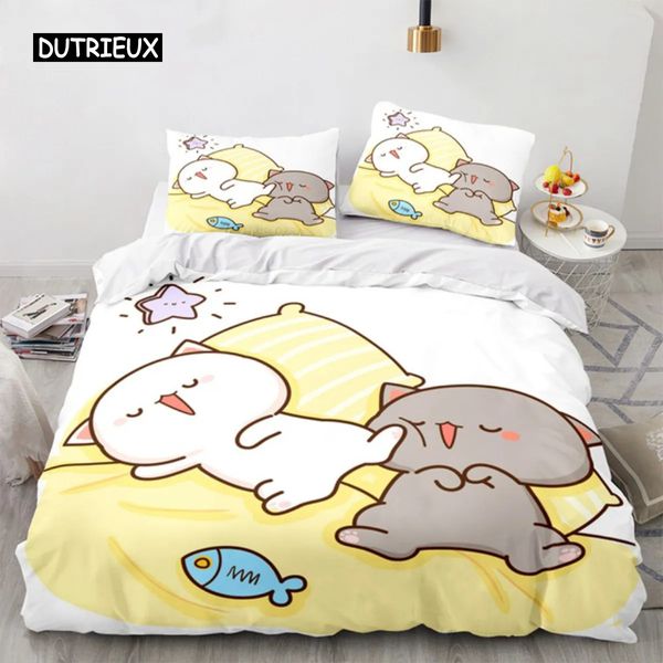 Yatak takımları şeftali kedi kapağı seti goma sevimli karikatür kediler yorgan infantil yatak klothes kraliçe krallık çocuklar için kız oda dekor 230927