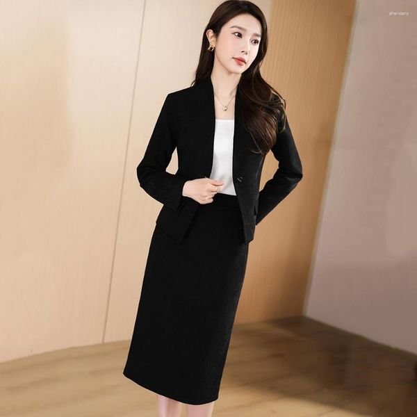 Vestido de duas peças feminino formal saia preta ternos primavera outono elegante senhora do escritório profundo decote em v fino blazer e lápis dividido desgaste de negócios