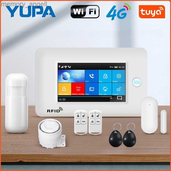 Sistemas de alarme YUPA 4G Touch Screen Smart Home Sistemas de alarme de segurança contra roubo 433MHz Tuya WIFI sem fio com sirene Detector de fumaça Sensor de porta YQ230927