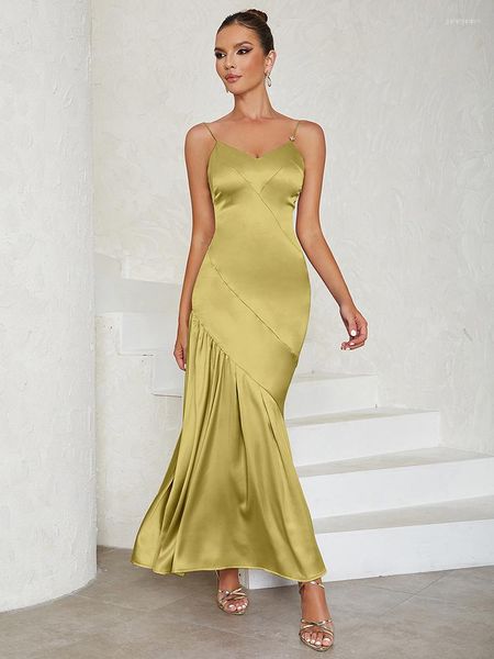 Abiti casual Sexy senza spalline Scollo a V Pieghe Abito lungo Estate Donna Verde Senza maniche Backless Slim Maxi Evening Party Club