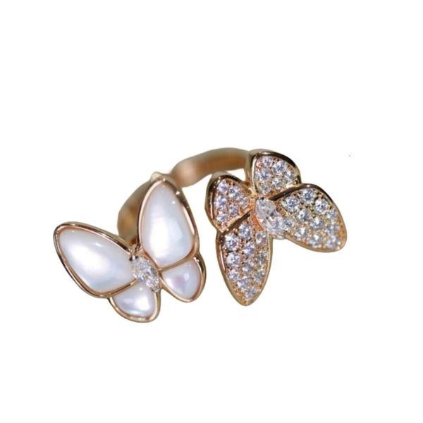 Anello Van-Clef Arpes Anello da donna di design con doppia farfalla in argento sterling 925 di qualità originale con anello femminile con apertura naturale in oro rosa 18 carati con diamante