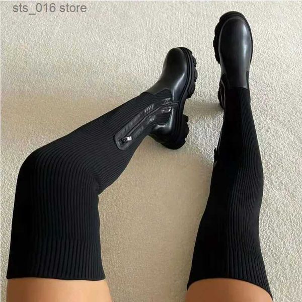 Stiefel Frauen Dicke Sohle Stiefel 2023 Herbst Winter Atmungsaktive Stricken Socke Damen Oberschenkel Hohe Stiefel Stretch Runde Kappe Schuhe plus Größe 43 T230927