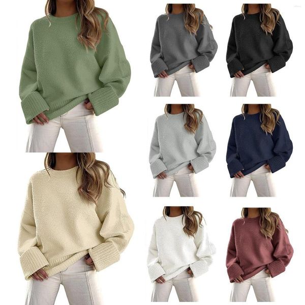 Suéteres femininos grandes para mulheres, gola redonda, manga comprida, pulôver quente de malha felpuda, tops curtos e grandes