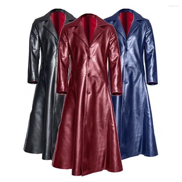Мужские тренчи, мужские винтажные пальто из искусственной кожи с длинным рукавом, осенняя ветровка, приталенная куртка, верхняя одежда, пальто