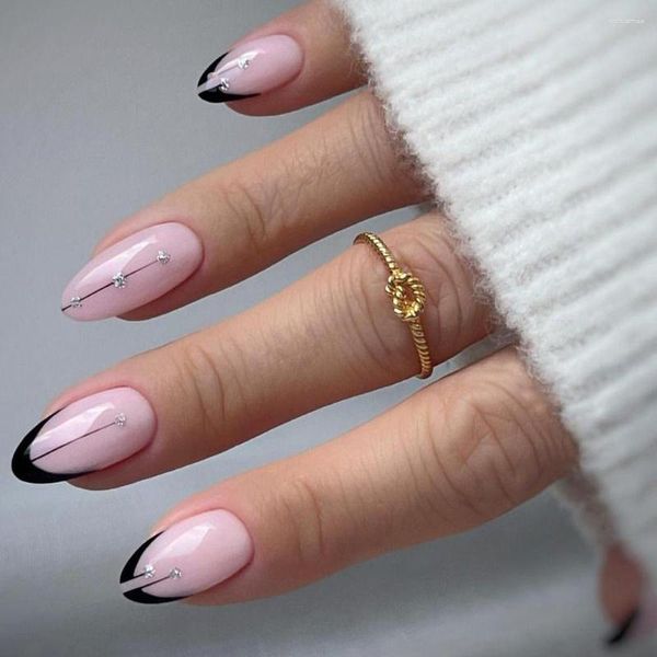 Unghie finte 24 pezzi cristallo lungo mandorla francese nero stampa su colore rosa Nials finti manicure fai da te punte staccabili per unghie