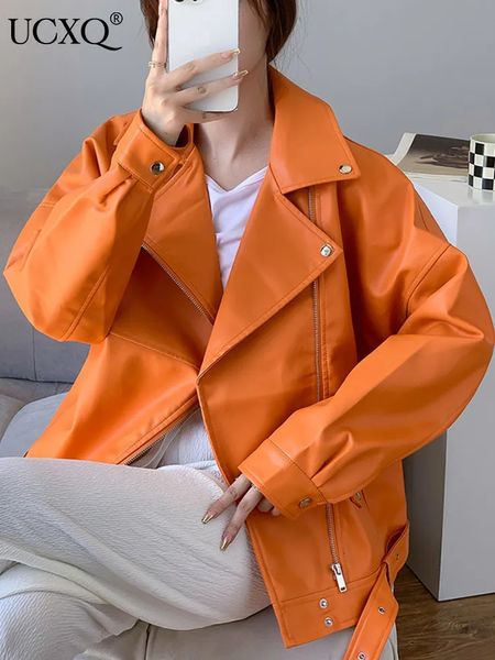 Couro feminino falso couro UCXQ coreano laranja solto ajuste preto pu jaqueta de couro lapela manga longa mulheres casaco moda primavera verão sm4039 230927