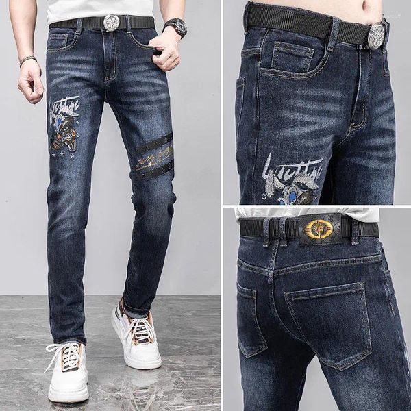 Jeans masculinos azul cinza marca rua boate calças na moda impresso bordado moda de alta qualidade estiramento casual