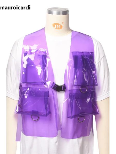 Pelle da uomo in ecopelle Mauroicardi Primavera Autunno Corto Fresco Trasparente Viola Bianco PVC Gilet in pelle da uomo Designer di lusso Y2K Abbigliamento Giacca senza maniche 230927