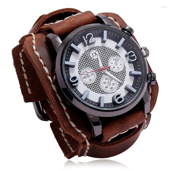 Armbanduhren Retro Herrenuhren Echtes Leder Breites Armband Armbanduhr Mode Punk Stil Quarzuhr Für Männer 2023 Rindsleder Armreifen