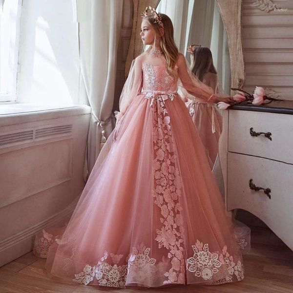 Kız Elbiseler Tül Dantel Çıkartmaları Omuz Uzunluğu Çiçek Elbise Zarif Prenses Topu İlk Cemaat Çocukları Rüya Doğum Günü hediyesi