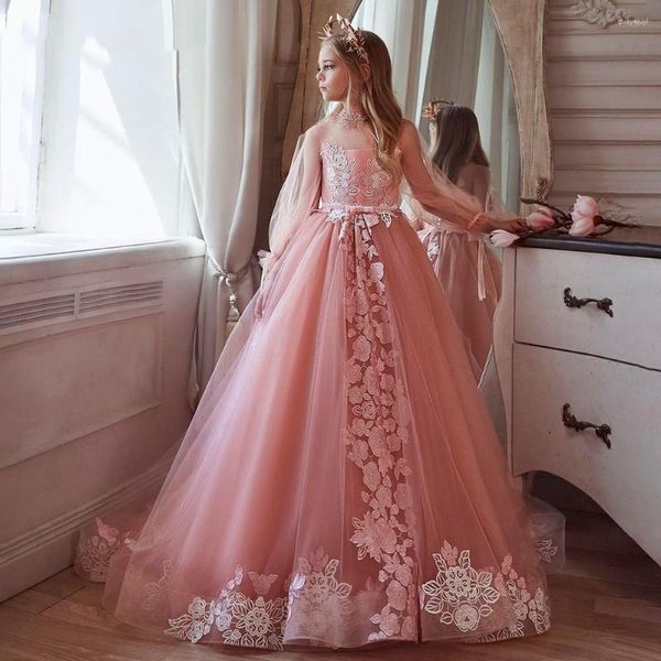 Abiti da ragazza Tulle Decalcomanie in pizzo Abito a fiori lungo fino alle spalle Elegante ballo da principessa Prima comunione Regalo di compleanno da sogno per bambini