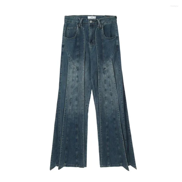 Jeans masculinos 3d emenda corte flash designer denim homens mulheres bolso em forma especial calças de perna larga personalidade solta esfregando calças