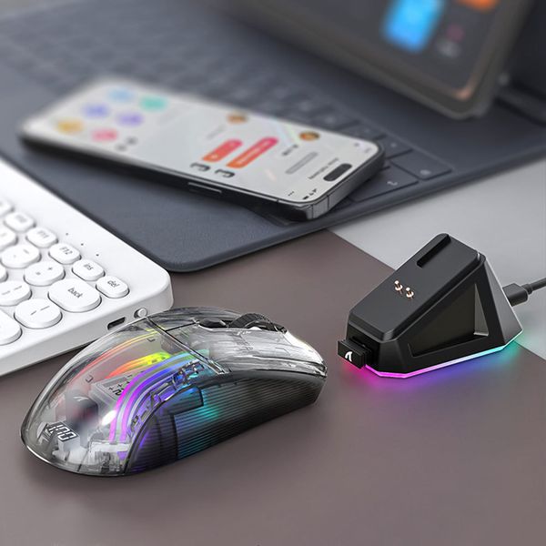 Mäuse, wiederaufladbare kabellose Maus, RGB-Licht, transparente Hülle, Bluetooth mit 2 4 GHz USB, Gaming-Laptop-Zubehör 230927