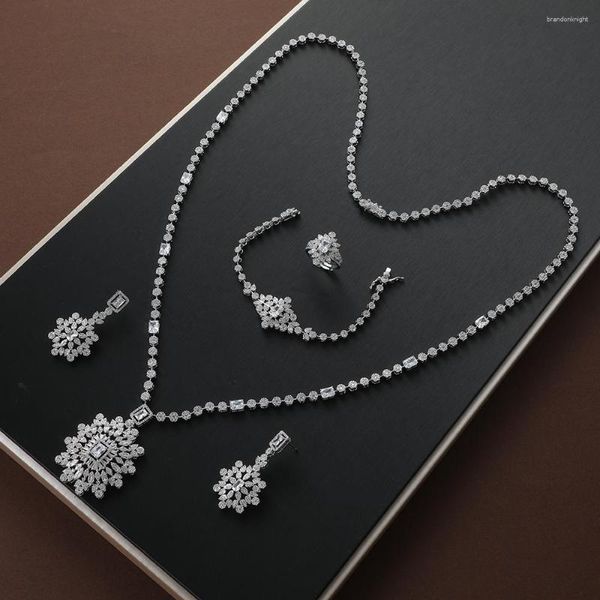 Комплект ожерелья и серег, роскошный квадратный длинный браслет с большим цветком, набор колец для женщин, свадебные украшения с кубическим цирконием S486-5812