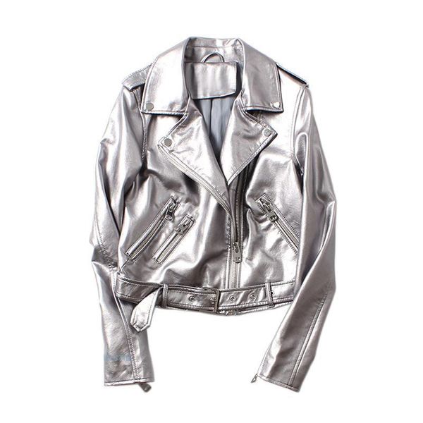 QNPQYX nouvelles femmes vestes en simili cuir dame brillant argent PU veste de moto Biker Street manteaux femme en cuir souple vêtements d'extérieur avec ceinture