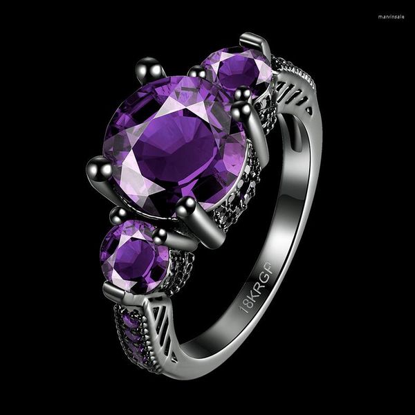 Cluster Anéis Anel de Casamento Roxo Cristal Cubic Zirconia Preto Arma para Mulheres Moda Jóias Tamanho 6 7 8 AR2023