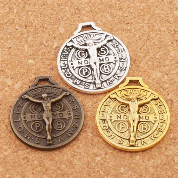 Lega Gesù Benedetto Patrono Medaglia Crocifisso Croce Charms Argento antico Oro Bronzo Pendenti 24x21mm L1658 Risultati dei gioielli Compone307r