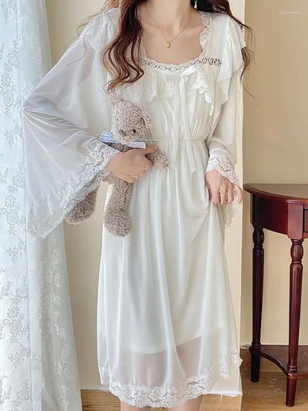 Женская одежда для сна, женская сетка с сказочными оборками в стиле Лолиты, винтажная ночная рубашка принцессы, весенне-осенняя хлопковая кружевная ночная рубашка в викторианском стиле, пеньюар