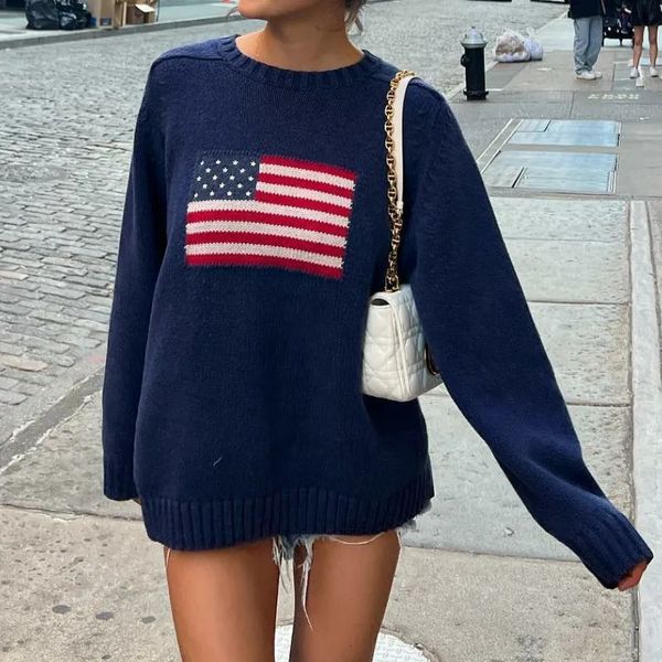 Suéter feminino feminino bandeira suéter vintage casual manga comprida gola solta ajuste malha pulôver jumper y2k estética harajuku outono tops 2023 230927