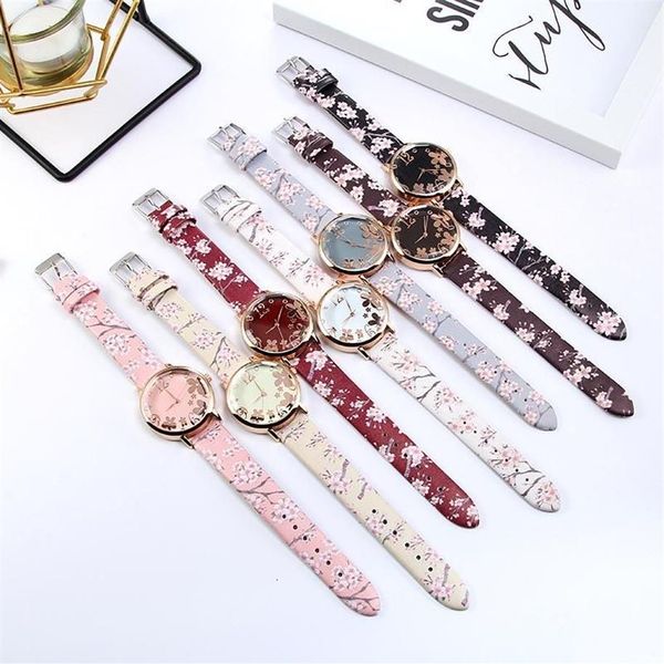 Relógios de pulso 1 pcs mulheres relógio de quartzo mostrador floral com impressão pu pulseira de couro m8694204z