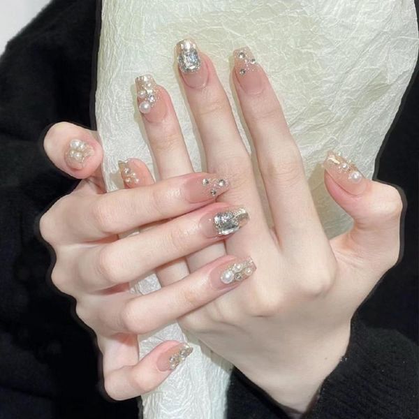 Falsche Nägel Tragbare Maniküre Französisch Fake Fashion Quadratischer Kopf Mittellange Nagelspitzen Strass Perle Damen