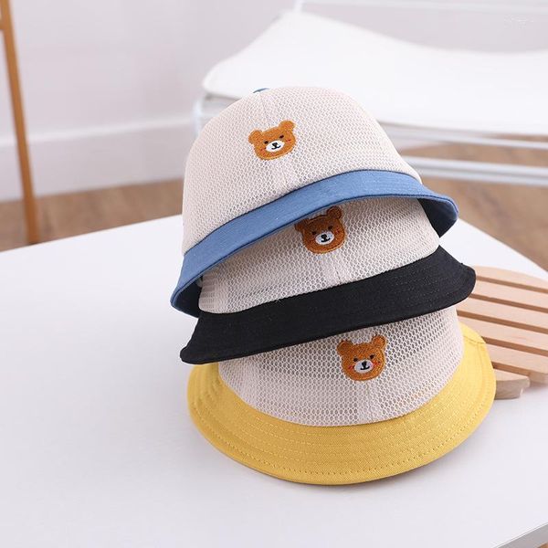 Berets Nettes Kind Baby Eimer Hut Kappe Sommer Cartoon Bär Mesh Atmungsaktive Sonne Säugling Kleinkind Strand Sonnenschirm Einfarbig