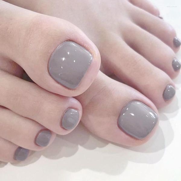 Unhas Falsas Francês Cor Sólida Leite Chá Cinza Toenail Moda Puro Desejo Patch Impermeável Prego Destacável