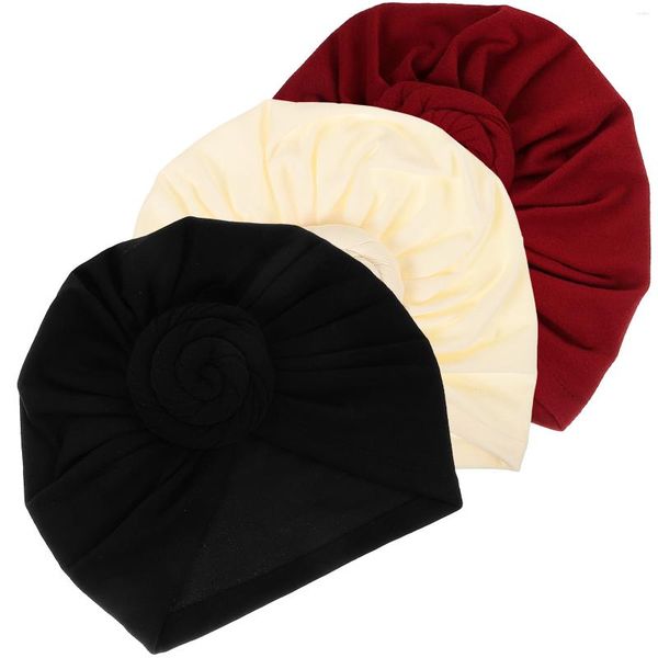 Berretti 3 pezzi Fiore Nodo Avvolgere i capelli Copricapo Turbante Sciarpa per dormire Cappello in cotone Donna Decorativo Morbido