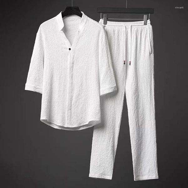 Tute da uomo Top con bottoni vintage Set da due pezzi da uomo Camicia casual estiva e pantaloni Completi per uomo Tuta tinta unita per il tempo libero