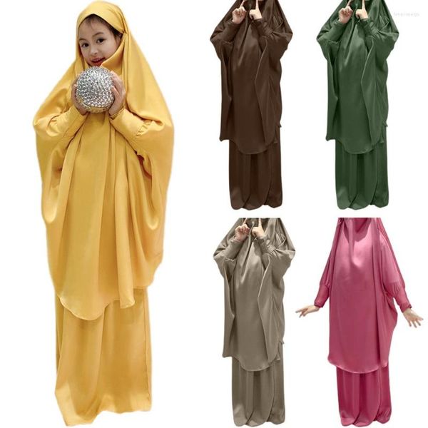 Abbigliamento etnico Musulmano Bambini Ragazze Preghiera Abito Hijab Abaya Abito Lungo Khimar Gonna Set Bambini arabi Ramadan Caftano Islamico Eid Abito da festa